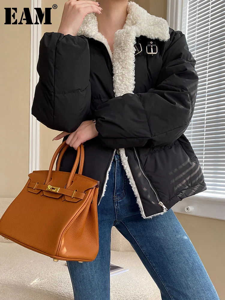 

[EAM] Loose Fit Lambswool Big Size Warm Down Jacket New Long Sleeve Warm Women Parkas Fashion Tide Autumn Winter 2023 1DF3844