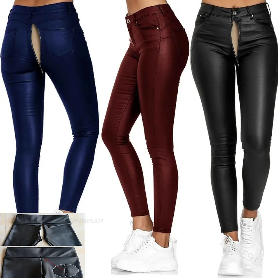 Sexy PU Jeans Leather Pants Invisible Open-Seat Pants Tappered Pencil Pants Outdoor Sex Convenient Bright Trousers Cargo Pants
