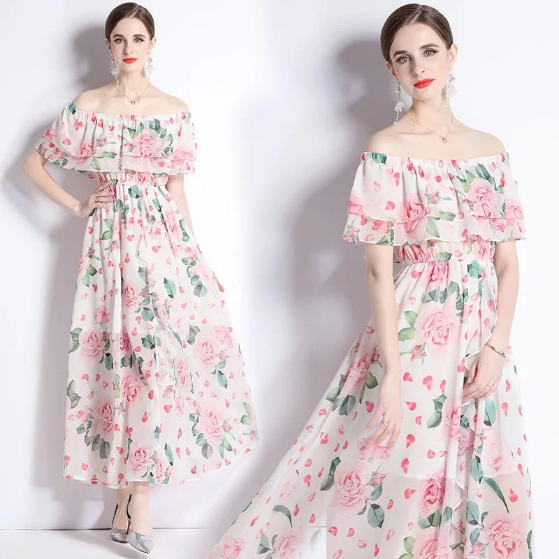 

Summer New Spring Young Lady Chiffon Floral Dresses For Holliday Bodycon Cascading Ruffles Big Wave Slim Waist Feminino Vestidos