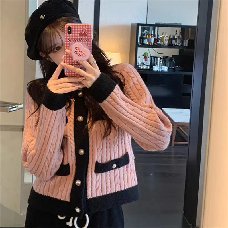 

2022 Autumn Women Cardigans Patchwork Cropped Sweaters Femme Coats O-neck Long Sleeve Loose Fashion Female Elegant Sweater D53
