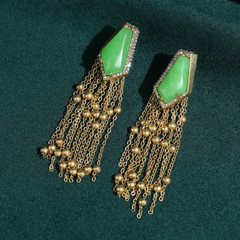 Сережки-подвески STALAIT зелёный камень медь