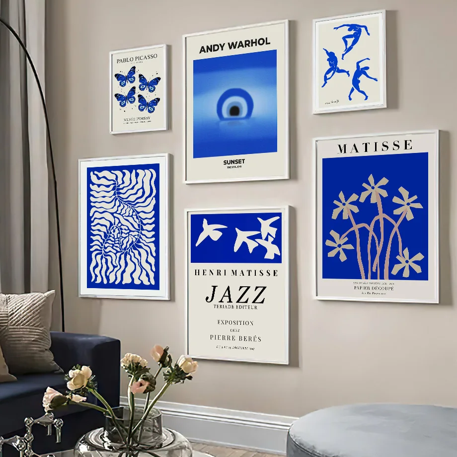 Blue Bauhaus Matisse Andy Warhol, ботаническая Настенная картина с бабочками, постеры и принты на холсте для декора гостиной