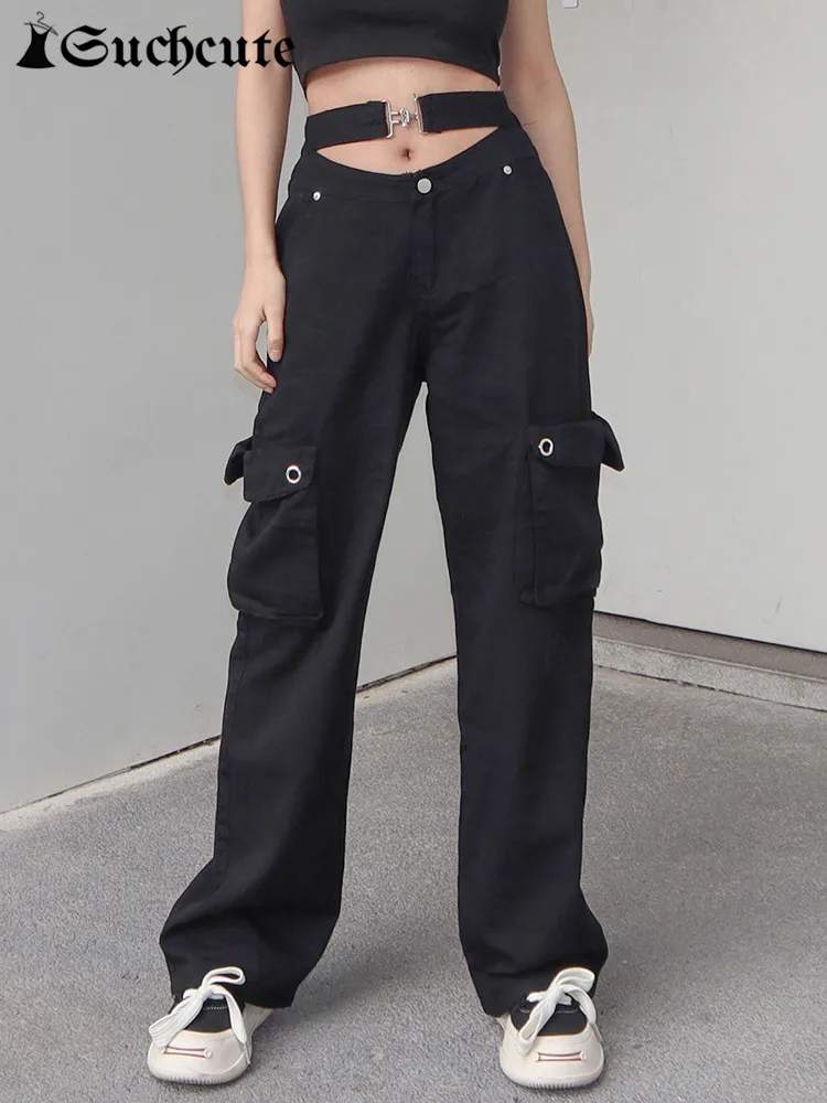 

SUCHCUTE Gothic Cargo Women Jeans High Waist Dark Academic Pocket Up Denim Trousers Harajuku Punk Style Baggy 90s Straight Pants