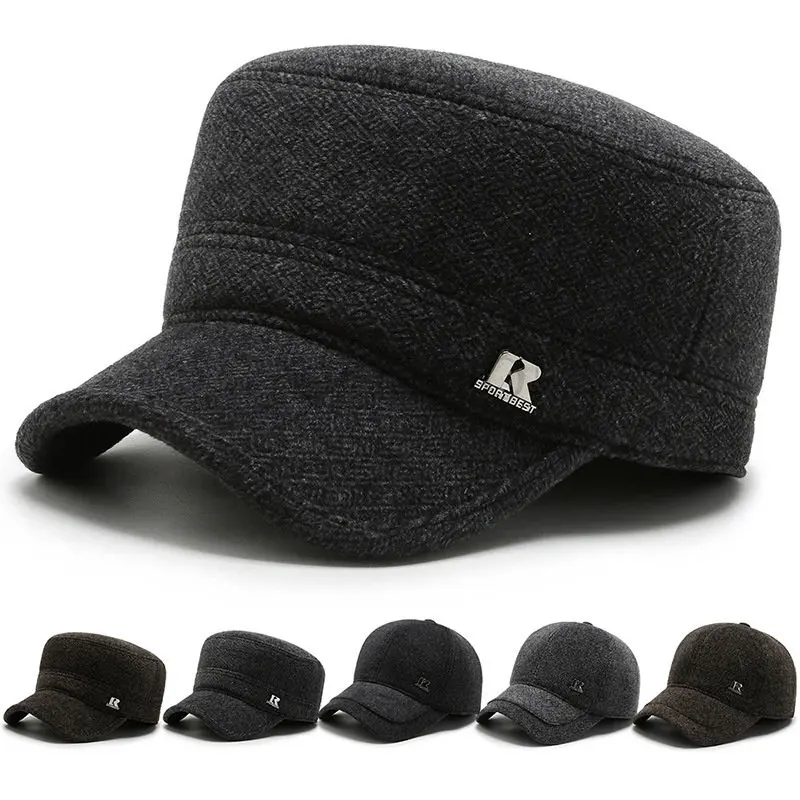 

Snapback Cap Winter Earmuffs Caps Men's Flat Cap Warm Army Military Hats For Men Adjustable Size Thick Woolen Tongue Cap Dad Hat