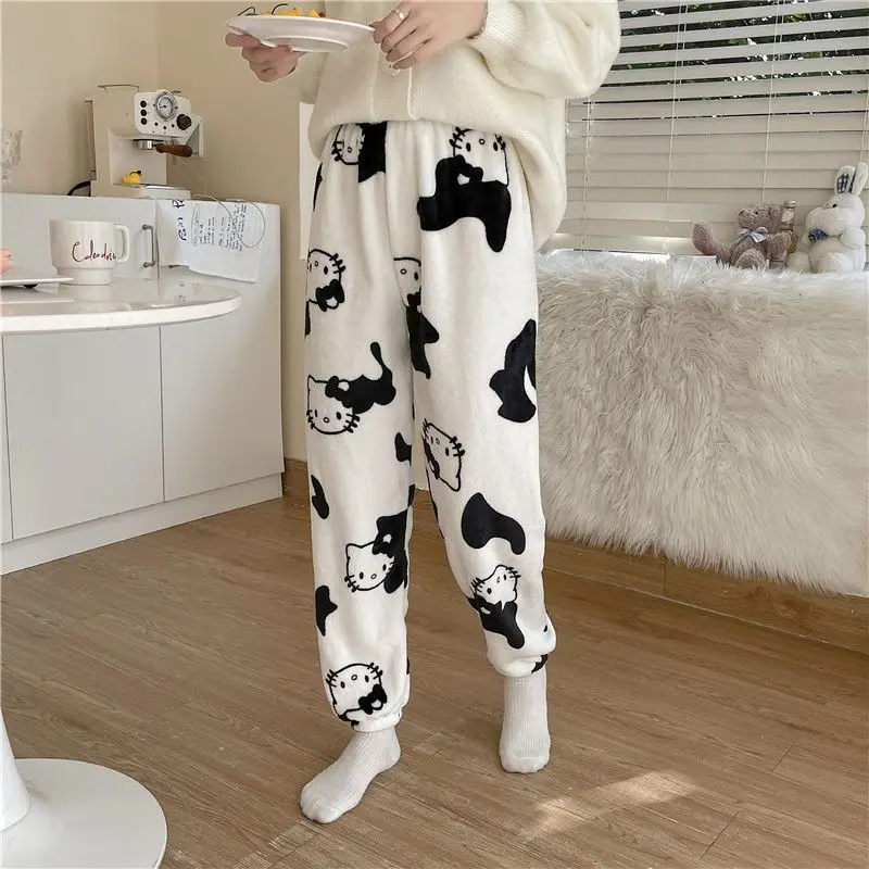 

Пижама Kitty Y2k мультфильм Sanrio Черные милые женские Мягкие плюшевые утепленные брюки кавайные женские повседневные брюки