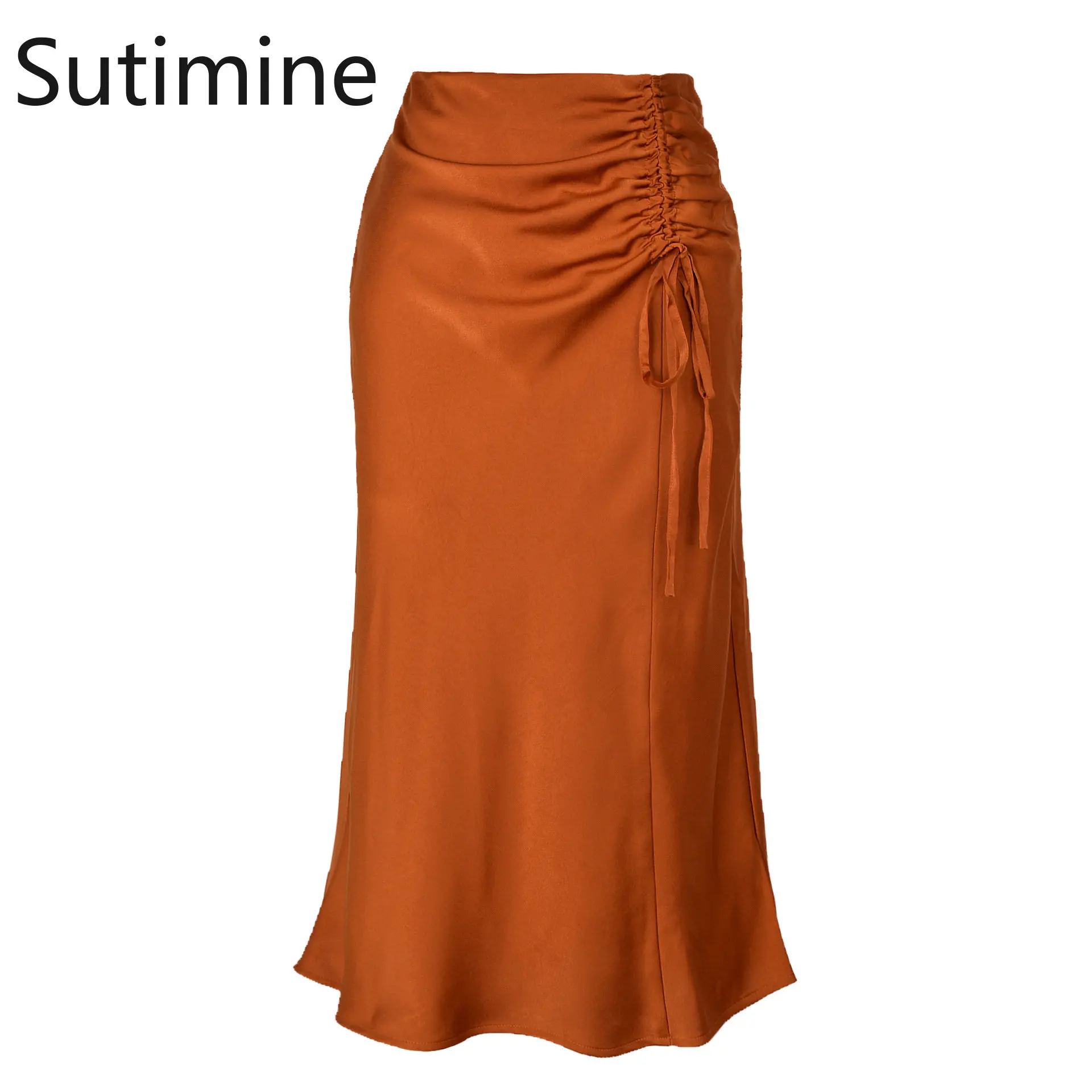 

Sutimine Summer Women Skirts Elegant Shirring Office Lady Satin Skirts for Women Slim Fit Mid-calf Length Orange Black Bud Skirt