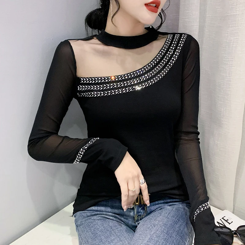 

Fashion Casual Mesh Splicing Hot Fix Asymmetrical Collar Woman Tshirts Women Sexy Tops Female Ladies Beautiful Slim Fit T-shirt