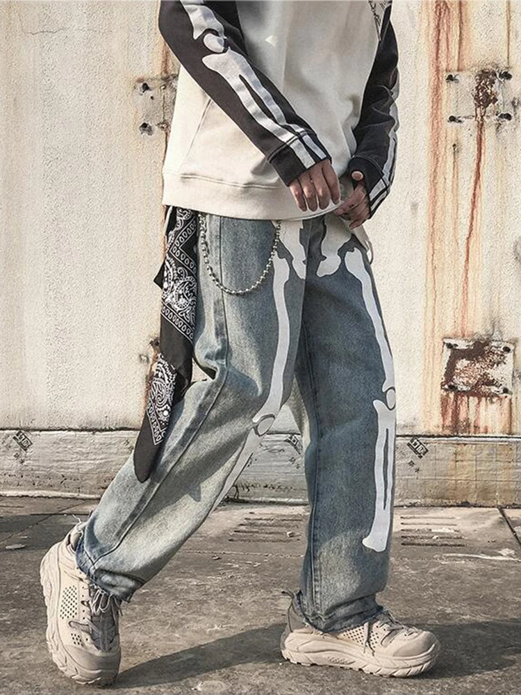 Wide Leg Baggy Jeans Men Aesthetic Skeleton Y2k Jeans Streetwear Oversized Graphic Black Printed High Waisted Light Blue Hip Hop