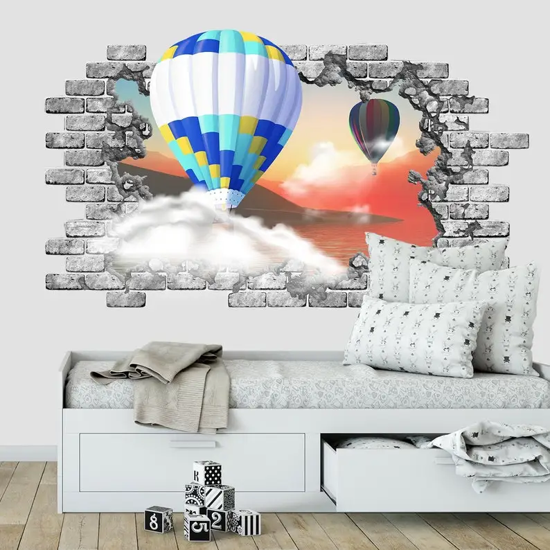 

Hot Air Balloon Nursery Wall Art. Cloud Wall Decor. Broken Wall Mural for Boy. Hole in wall Decal Self-Adhesive. 3d Printing Kid