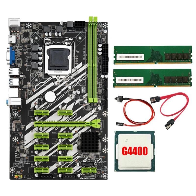

B250 BTC Mining Motherboard with 4400CPU+2 x 4G DDR4 RAM+SATA Cable+Switch Cable 12 PCI-E Slots LGA1151 DDR4 RAM SATA3.0