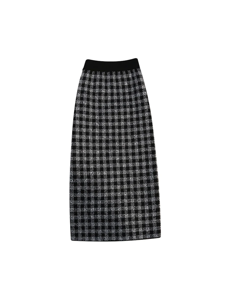 

Vintage Plaid Knitted Split Skirt Women's Spring Autumn New British Style A-line High Waist Straight Tube Knitting Skirt Femal