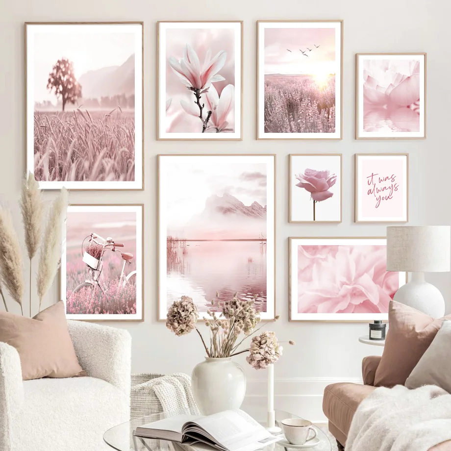 

Pink Lotus Magnolia Rose Wall Art Flower Field Canvas Painting Bike Posters and Prints Nordic Wall Picture for Living Room Decor