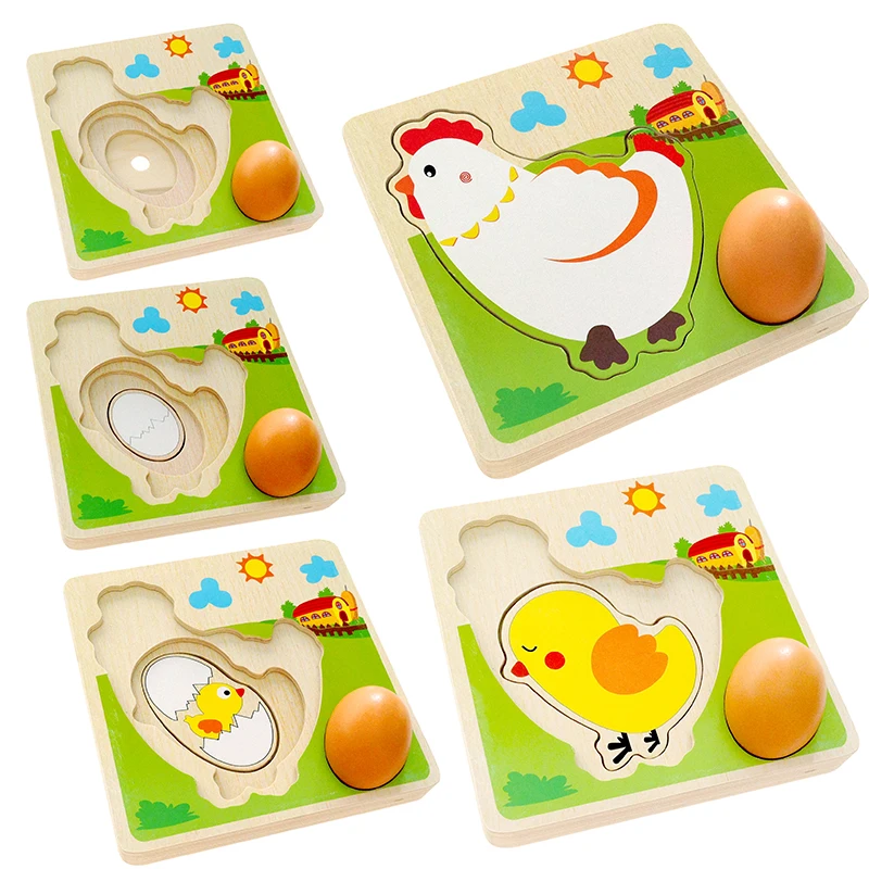 

Candice guo wooden toy play house game 4 layers story puzzle hen Lay egg to be chick hatch poult how chicken born story gift 1pc