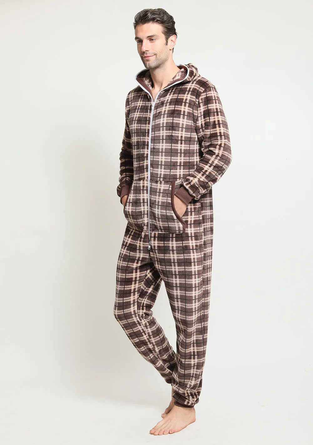2022 Sleepwear for Men Pajamas Hoodies Robe Flannel Plaid One Piece Full Zipper Mens Onesie Long-sleeved Plaid Pijamas Hombre
