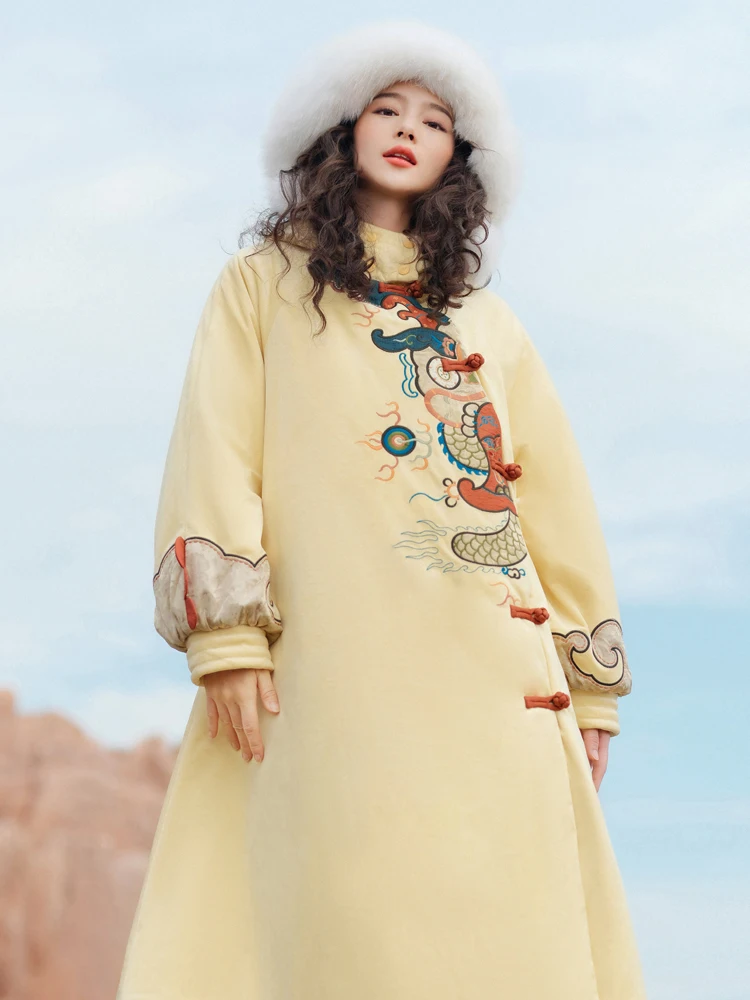 Winter Loose Velvet Hooded Coat 2022 New Chinese Style Embroidery Cotton-Padded Coat for Women