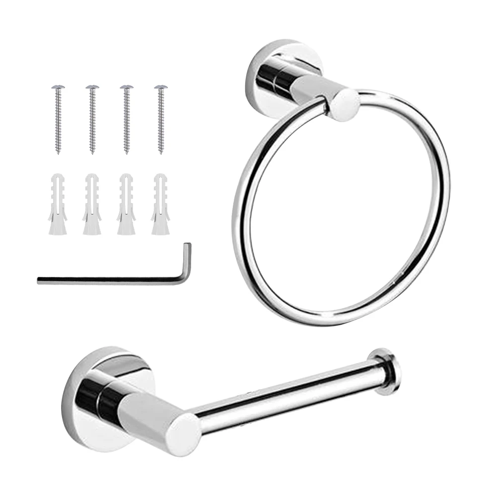 

2pcs Solid Toilet Paper Holder Set Hardware Wrench Easy Install Wall Mounted Durable Heavy Duty Hotel Stainless Steel Towel Ring