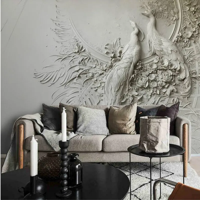 Стереоскопические обои с изображением павлина серые тисненые фрески для