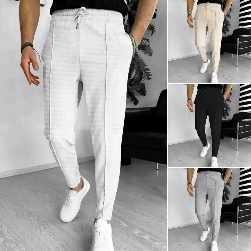 

Men Commute Pants Soft Breathable Men's Drawstring Pants with Elastic Waist Pockets for Business Commute Long Trousers Solid