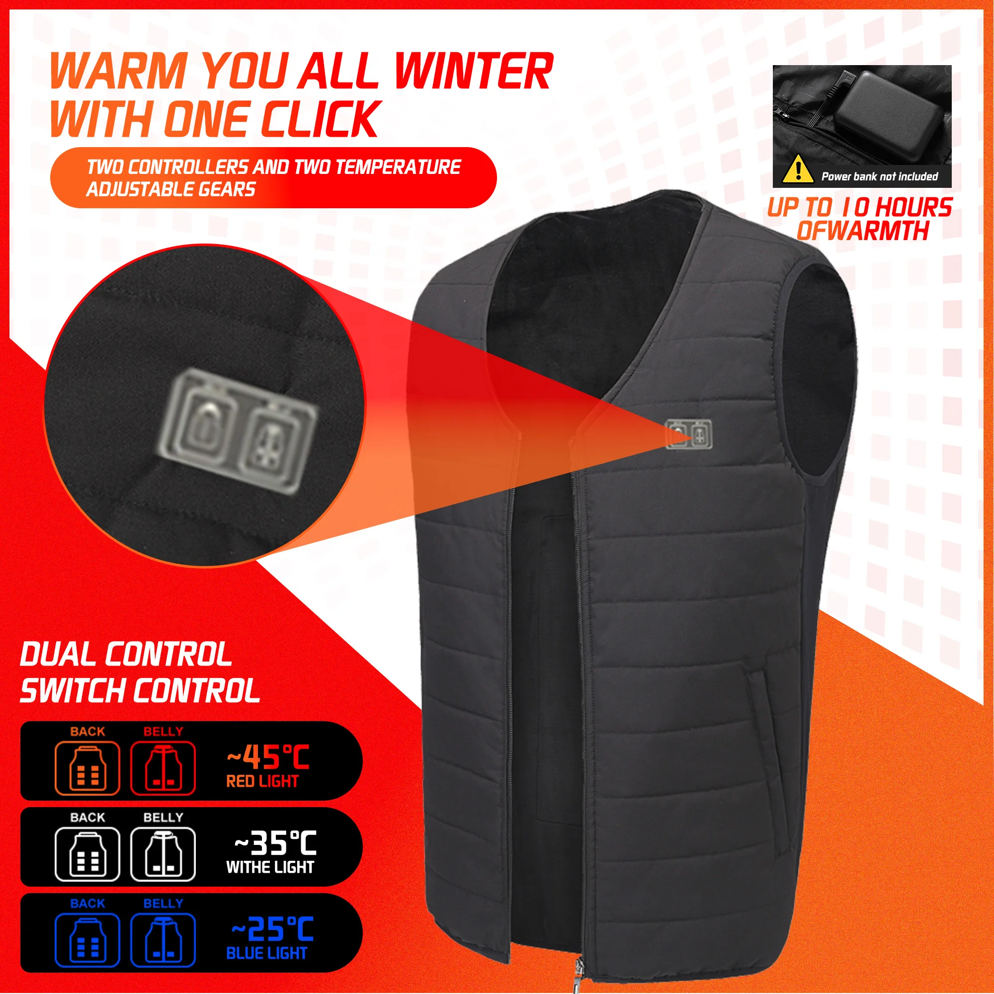 Жилет с подогревом TODWARM 45. ℃ Зимний мотоциклетный жилет USB-куртка электрическим