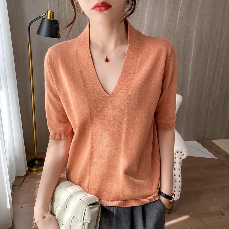 

2022 summer new short sleeve T-shirt women's thin V-neck multifunctional knitted short sleeve solid color top