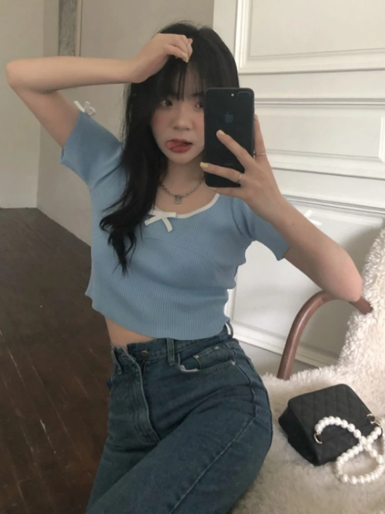 Футболка с коротким рукавом и бантом в стиле Харадзюку |