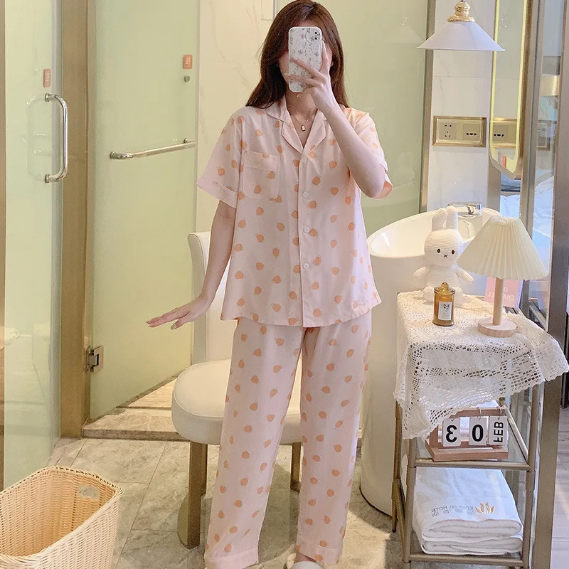 Summer Pajamas Set Loungewear Thin Loose Sleepwear Big Size Women's Clothing Nightgowns Homewear Short Sleeve Turn-down Collar