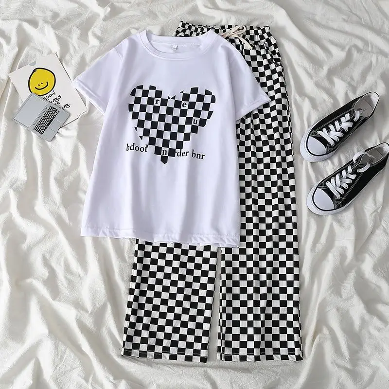 

Летняя одежда для девочек-подростков, комплекты с принтом, наряды, Детская футболка с коротким рукавом + штаны, детский спортивный костюм из ...