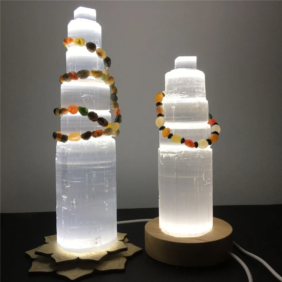 Lámpara de selenita Natural, pulsera de ágata de yeso blanco, cristales curativos, decoración de habitación, 6-20cm