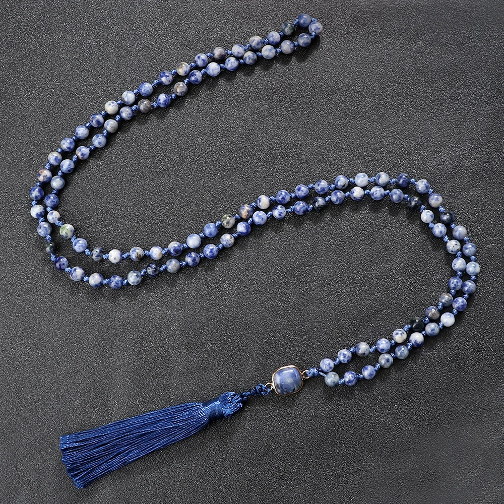 

6mm Natural Stone Blue Dot Sodalite Bead Necklace For Women Men 108 Mala Beads Prayer Pendant Long Neckalce Female Charm Jewelry