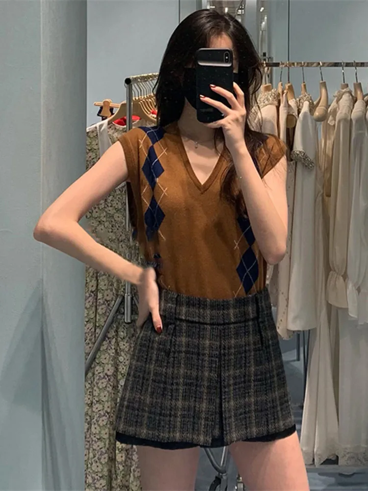 

Women Slit A-Line Plaid Mini Skirt Simple High Waist Early Autumn Female All-Match Woolen Cloth Jupe