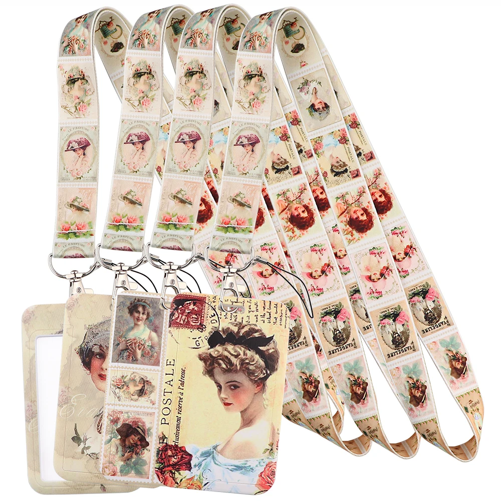 

Vintage Stamp Oil Painting Lanyards Keys Chain ID Credit Card Cover Pass Charm Neck Straps For Friends Fashion Accessories Gifts