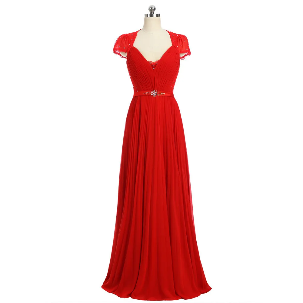 

Red Lace Chiffon Beaded Evening Dresses Cap Sleeve V-neck Full length Prom Party Gowns with belt vestidos de noche