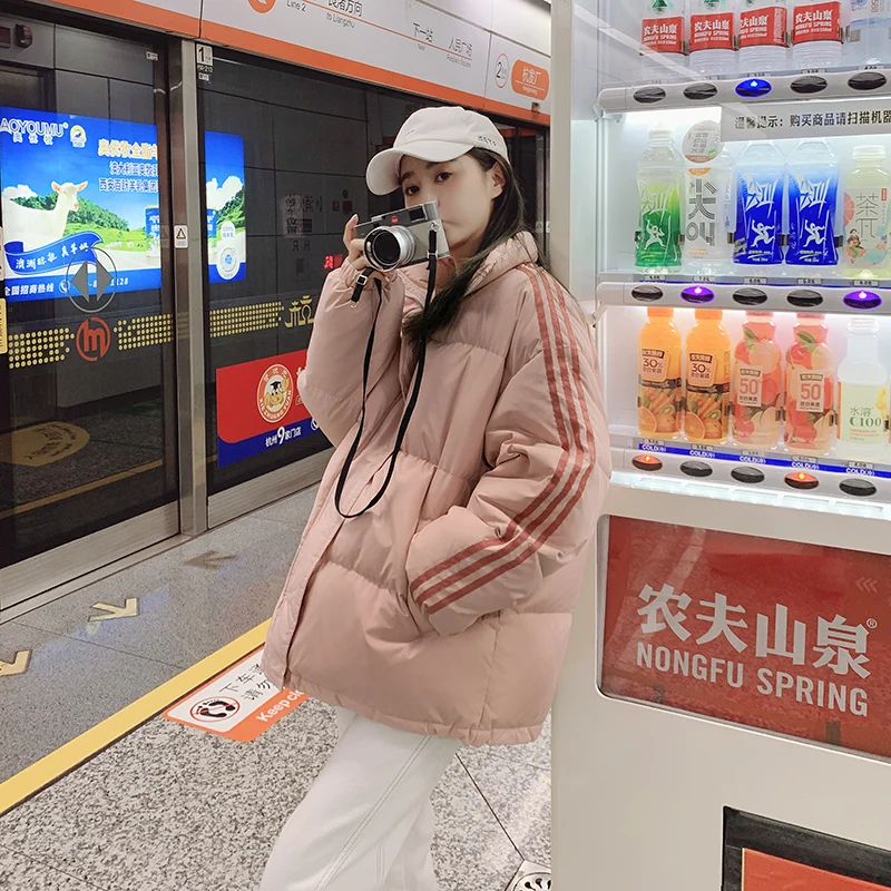 Three Bars Down Cotton Coat Women's 2022 Winter Thickened Warm Stand Collar Versatile Loose Student Cotton Coat Bread Coat