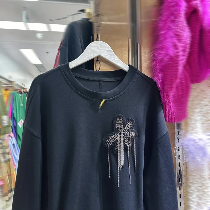 [zoci] Стильная осенне-зимняя свободная толстовка с длинными рукавами и вышитой