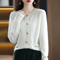 autumnwinter new womens korean jacket fashion diamond buckle round neck pure wool knit cardigan elegant retro high quality top