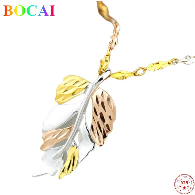 

BOCAI S925 Sterling Silver Necklace 2021 Popular Three Colors Hollow Maple Leaf Pendant Chain Pure Argentum Jewelry for Women