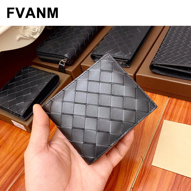High Quality Genuine Leather Plaid Woven Short Bi-Fold Wallet Simple Business Ultra-Thin Multi-Card-Slot Horizontal Pocket Clip