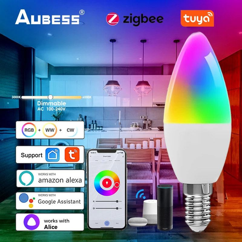 

Умная лампа Tuya Zigbee 5 Вт E14 RGB с регулируемой яркостью, светодиодная лампа с дистанционным управлением через приложение, совместима с Alexa Google Home Яндекс Alice Gateway