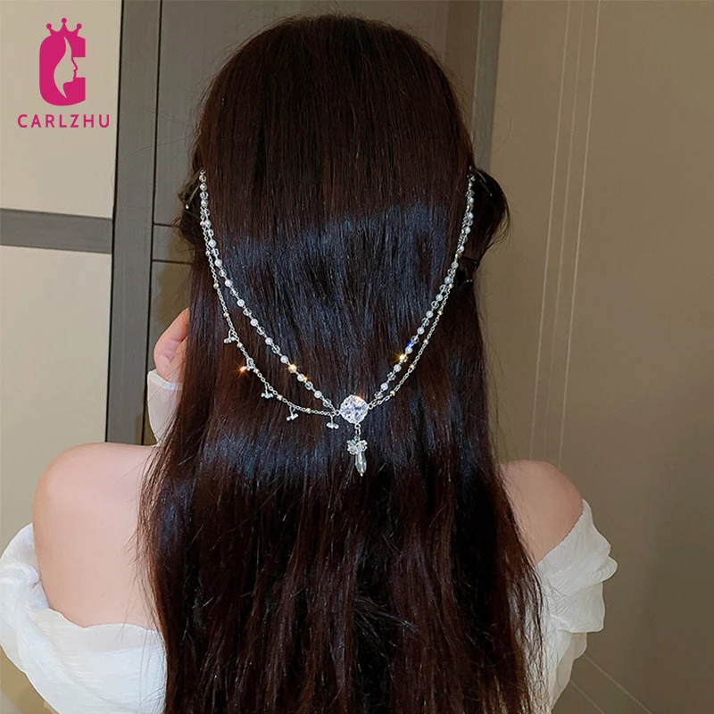 

Unique Water Drop Crystal Double Layer Pearl Zircon Hair Chain Hairpin Korean Fashion Temperament BB Hair Clip Female Jewelry