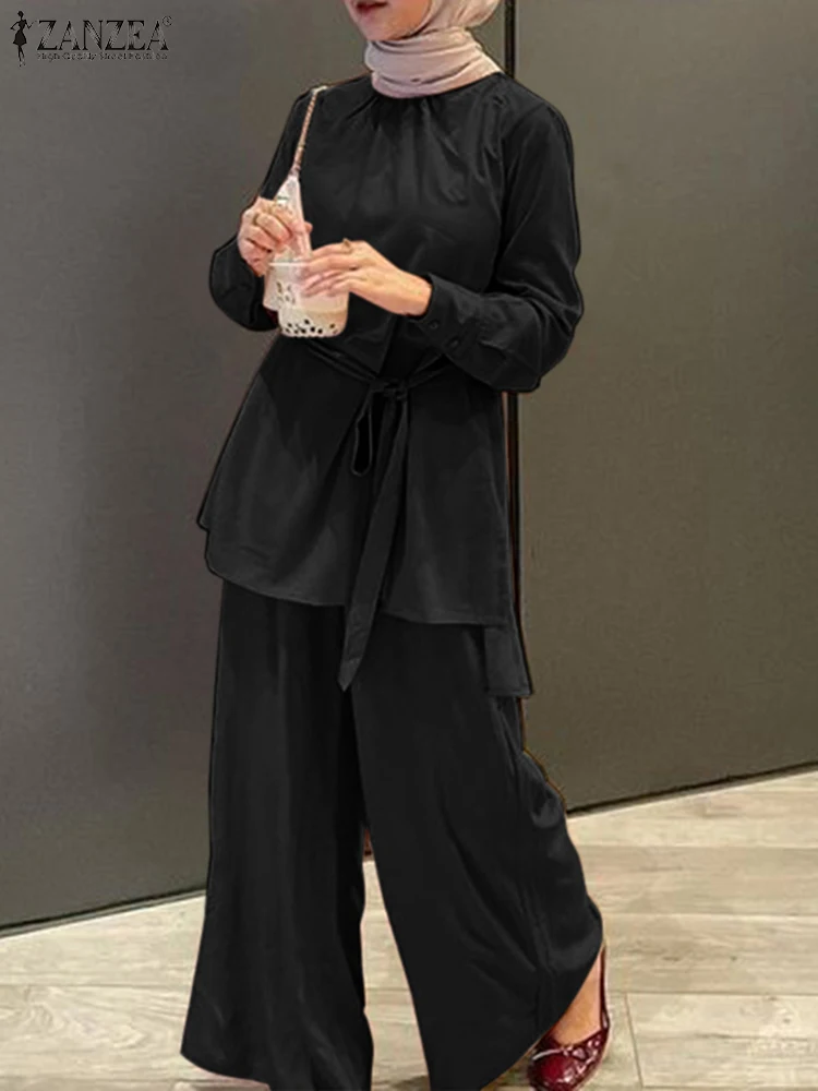 

ZANZEA 2PCS Fashion Muslim Sets Casual Islamic Clothing Dubai Turkey Abaya Outifits Women Long Sleeve Blouse Wide Leg Pants Sets