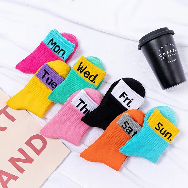 7 Pairs Week Day Sock Women Cotton Casual Ladies Hosiery Trendy Cool Female Harajuku Streetwear Student Short Sock Set 14 Pcs