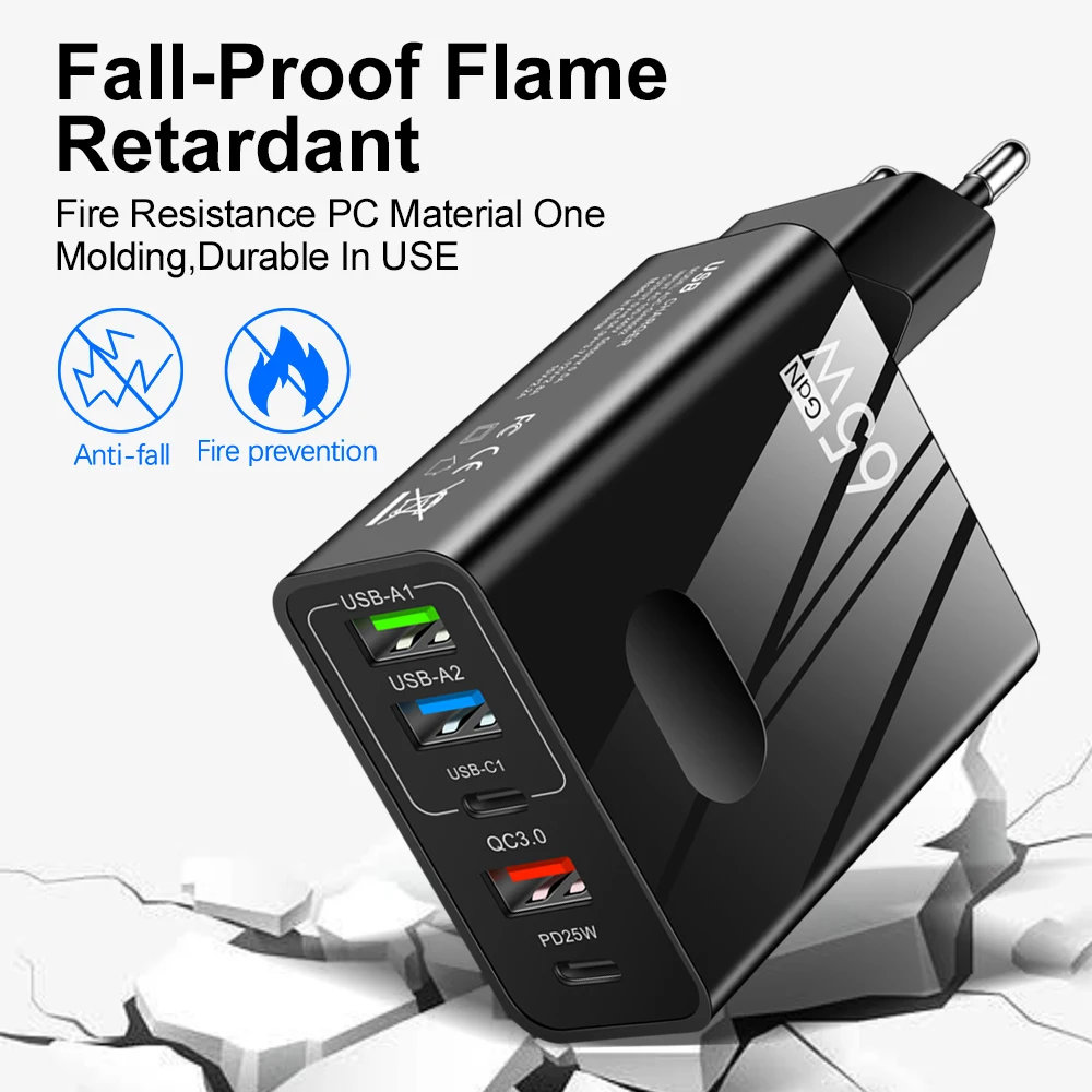 65W Fast Charging 3USB 2PD Quick Charger For Xiaomi iPhone 14 13 Pro Samsung Huawei Mobile Phone Dual Ports Wall Power Adapter