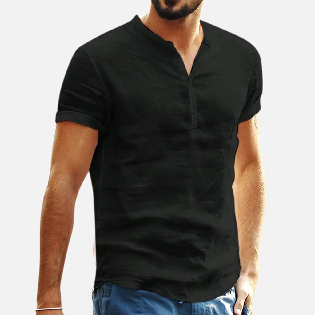 2022 Summer Solid Color Short Sleeve Retro Tunic Shirt Tops Men's Shirts Men's Loose Cotton Linen Streetwear Shirts Slim Fit