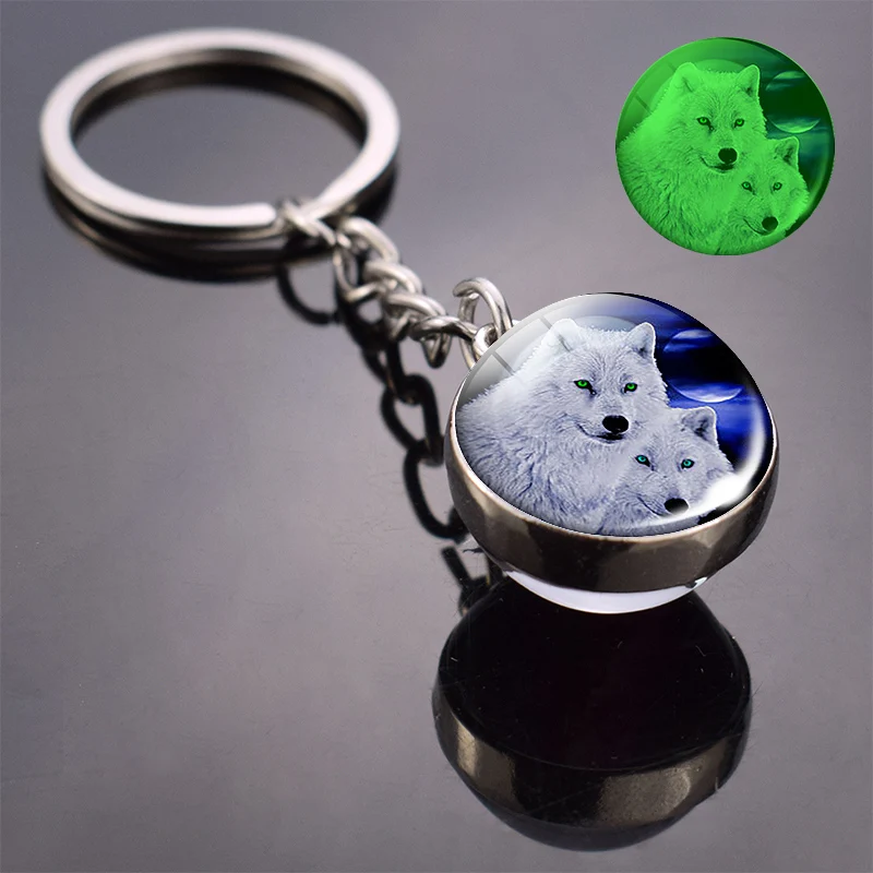 

Glow In The Dark Wolf Key Chain Howling Wolf and Moon Keyring Double Side Glass Ball Keychain Wolf Head Pendant Gift For Friend