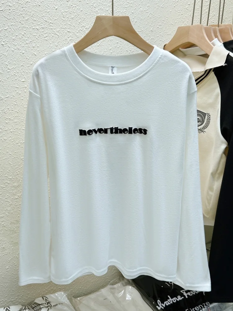 

harajuku Long Sleeve letter embroidery Casual loose bottoming T-shirt autumn winter velvet T Shirt Women Thick warm Tops clothes