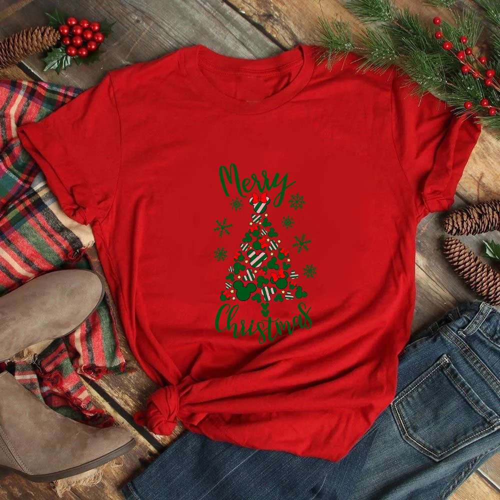 

Mickey Christmas Tree Print Family T-shirt Womens Fashion Xmas Eve Mother Kids Matching Clothes Red Basic Tops Ropa Familiar