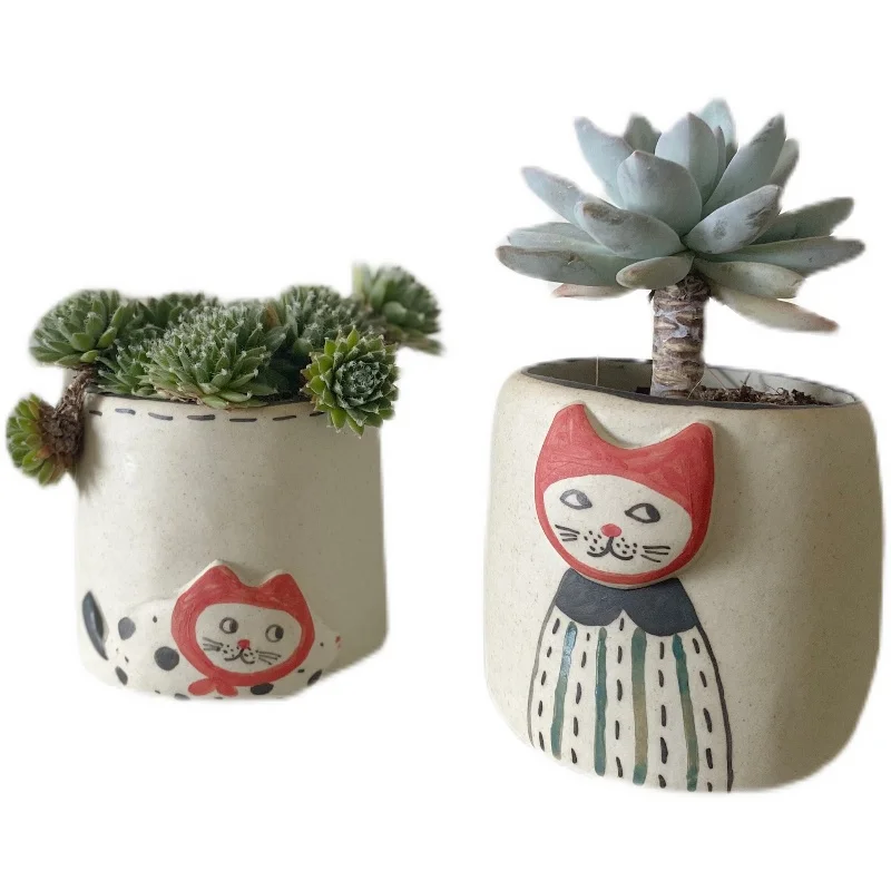 

Latest Nordic Style Handmade Cat Ceramic Succulent Flower Pot Dots And Stripes Simple And Breathable Fun Japanese Style Cute