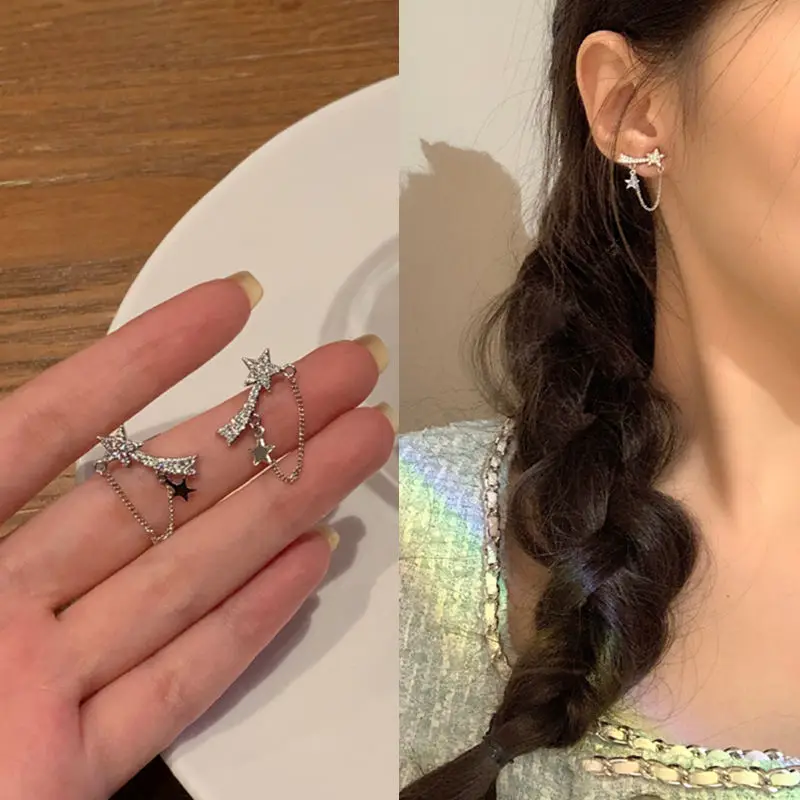 

S925 Silver Zircon Meteor Earrings Female Fashion Star Chain Tassel Earrings Temperament Pendant Personality