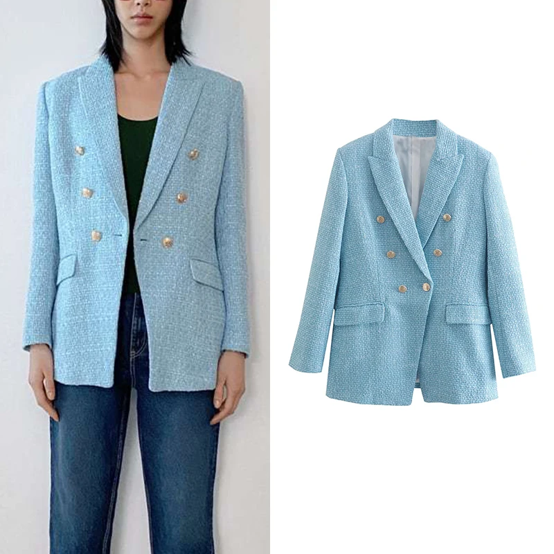 

Spring 2022 Women Sky Blue Tweed Blazer Suits Elegant Double Breasted Long Sleeve Jacket Coats Female Fashion Casual Coats