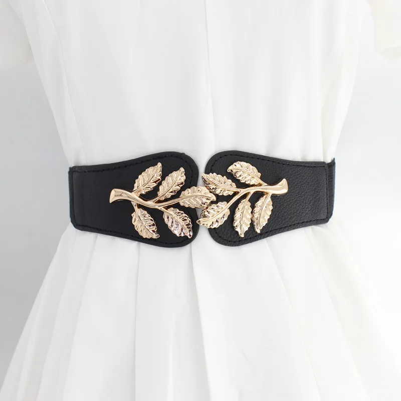 

Vintage Girdle Waistbands Fashion Women Cummerbunds Metal Leaf Buckle Decorative Elastic Wide Belt Dress Overcoat Sweater Decor